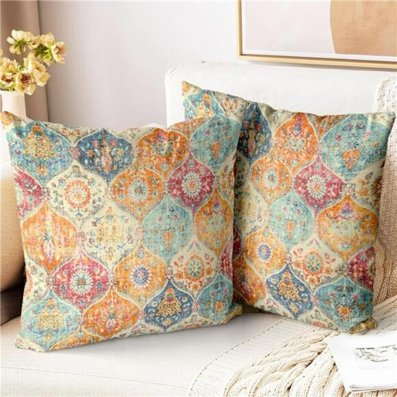 Boho Throw Pillow Covers 18x18 Set of 2 Cream Soft Decorative Square Sofa Cushio - Picture 1 of 7